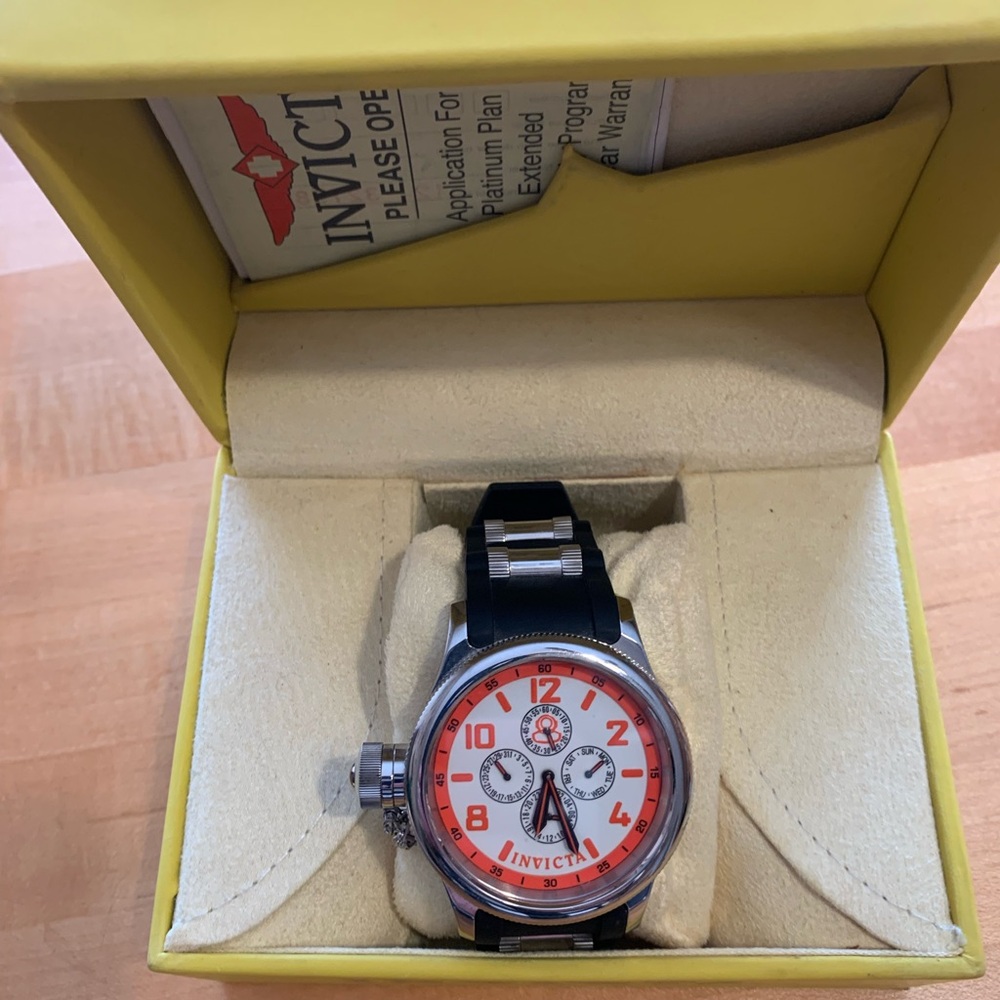 Invicta Black and Silver Watch with Bold Orange Dial